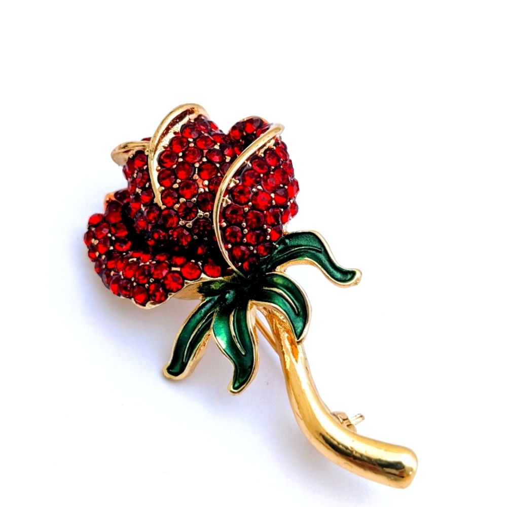 Monet Gold Tone Red Rhinestone Enamel Red Rose Flower Brooch Pin